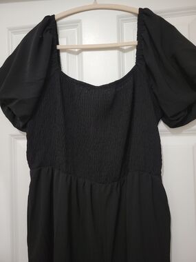 Women's Black Puff Sleeve Smocked Bodice Jumpsuit